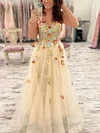 A-line V-neck Lace Tulle Sweep Train Prom Dresses With Appliques Lace #Milly020111844
