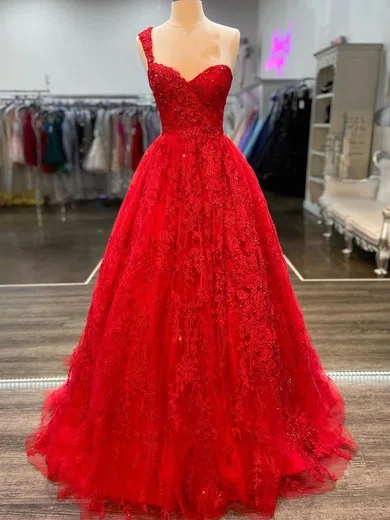 Ball Gown One Shoulder Lace Tulle Floor-length Appliques Lace Prom Dresses #Milly020111850