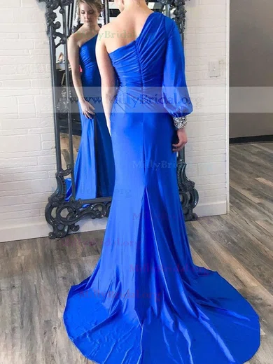 Trumpet/Mermaid One Shoulder Jersey Sweep Train Prom Dresses With Split Front #Milly020111854