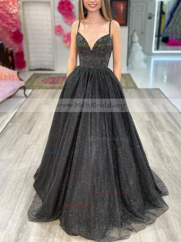 Princess V-neck Glitter Floor-length Prom Dresses With Pockets #Milly020111856