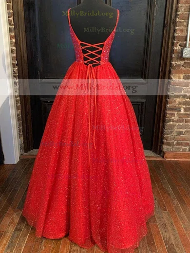 Ball Gown V-neck Glitter Floor-length Prom Dresses 