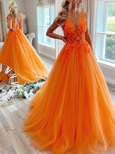 Ball Gown/Princess Sweep Train V-neck Tulle Beading Prom Dresses #Milly020111863