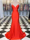 Trumpet/Mermaid V-neck Jersey Sweep Train Prom Dresses With Split Front #Milly020111872