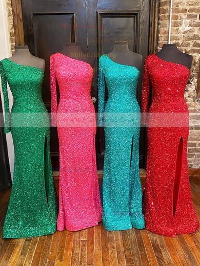 Sheath/Column One Shoulder Sequined Sweep Train Split Front Prom Dresses #Milly020111879