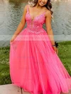 A-line V-neck Tulle Lace Sweep Train Prom Dresses With Split Front #Milly020111883