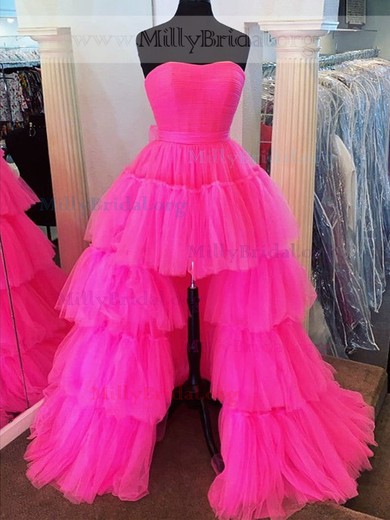 A-line Strapless Tulle Asymmetrical Prom Dresses With Tiered #Milly020111893