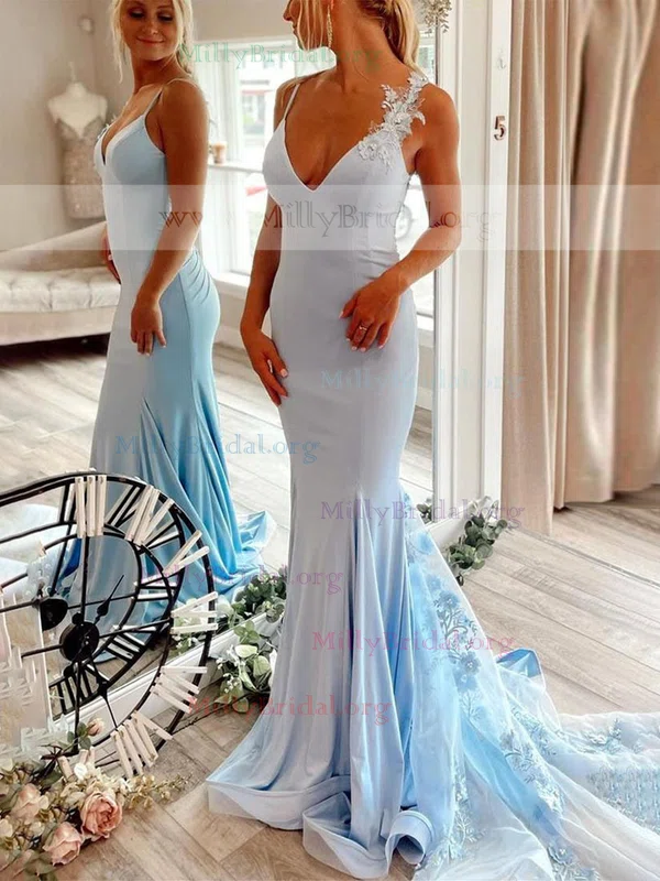 Trumpet/Mermaid V-neck Jersey Sweep Train Prom Dresses With Appliques Lace #Milly020111899