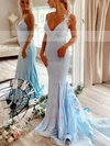 Trumpet/Mermaid V-neck Jersey Sweep Train Prom Dresses With Appliques Lace #Milly020111899
