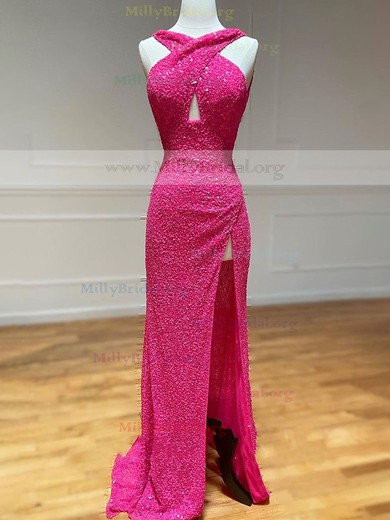 Sheath/Column V-neck Sequined Sweep Train Prom Dresses With Split Front #Milly020111906