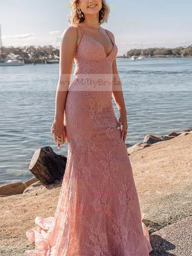 Trumpet/Mermaid V-neck Lace Sweep Train Prom Dresses With Beading #Milly020111909