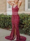 Trumpet/Mermaid V-neck Sequined Sweep Train Prom Dresses With Split Front #Milly020111913