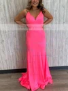 Trumpet/Mermaid V-neck Jersey Sweep Train Prom Dresses With Beading #Milly020111916