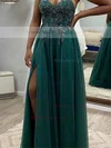 A-line V-neck Tulle Sweep Train Prom Dresses With Split Front #Milly020111917