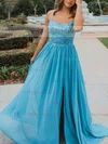 A-line Scoop Neck Chiffon Sweep Train Prom Dresses With Split Front #Milly020111918