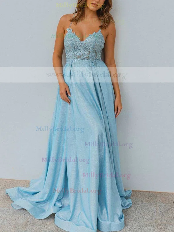 A-line V-neck Shimmer Crepe Sweep Train Prom Dresses With Appliques Lace #Milly020111920