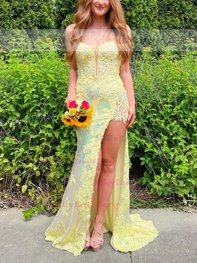 Trumpet/Mermaid V-neck Sequined Sweep Train Prom Dresses With Split Front #Milly020111923