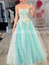 A-line Square Neckline Lace Tulle Sweep Train Prom Dresses With Appliques Lace #Milly020111925