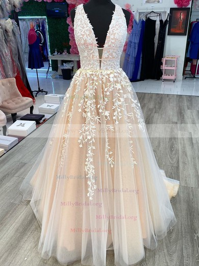 Ball Gown V-neck Lace Tulle Sweep Train Appliques Lace Prom Dresses #Milly020111930