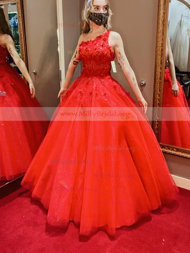 Ball Gown One Shoulder Tulle Prom Dresses With Appliques #Milly020111932