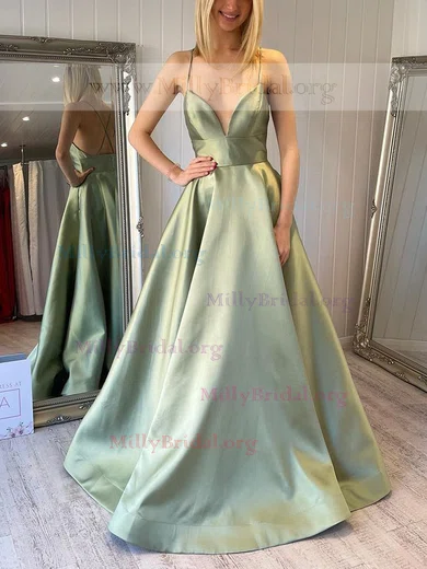 A-line V-neck Satin Sweep Train Prom Dresses #Milly020111938