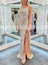 Sheath/Column Cowl Neck Sequined Sweep Train Prom Dresses With Split Front #Milly020111943