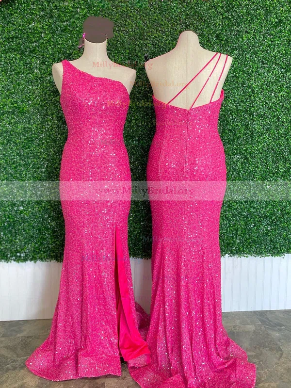 Sheath/Column One Shoulder Sequined Sweep Train Prom Dresses With Split Front #Milly020111945