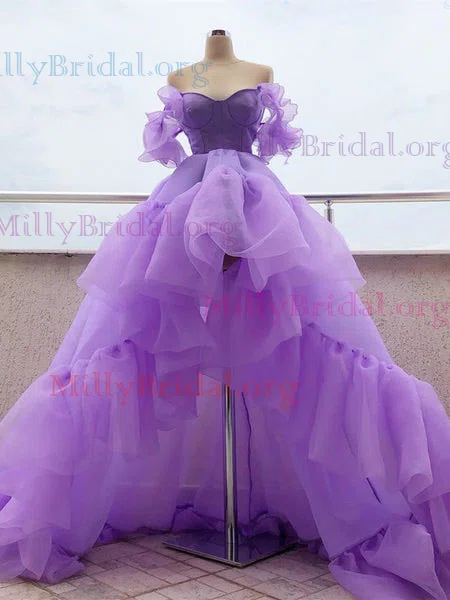 A-line Off-the-shoulder Tulle Asymmetrical Prom Dresses #Milly020111948