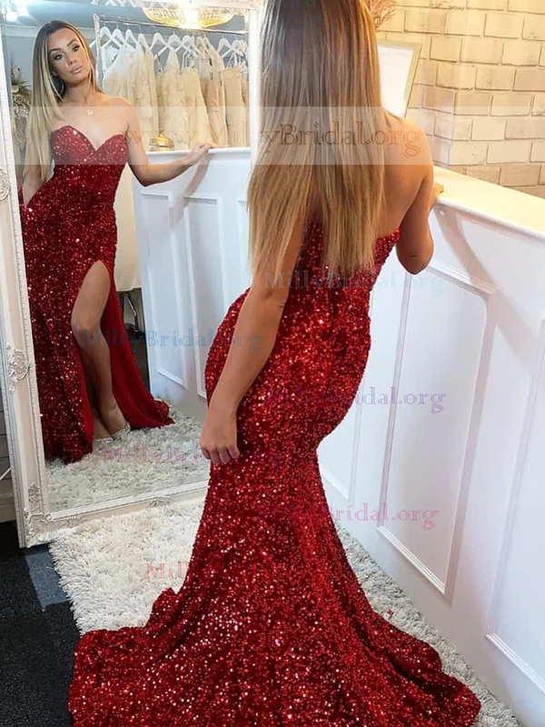 Trumpet/Mermaid Sweetheart Sequined Sweep Train Prom Dresses With Split Front #Milly020111962