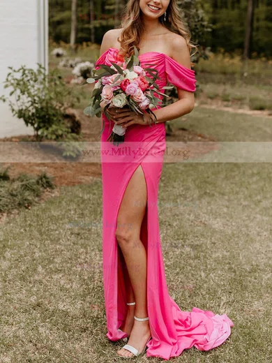 Sheath/Column Off-the-shoulder Jersey Sweep Train Prom Dresses With Split Front #Milly020111972