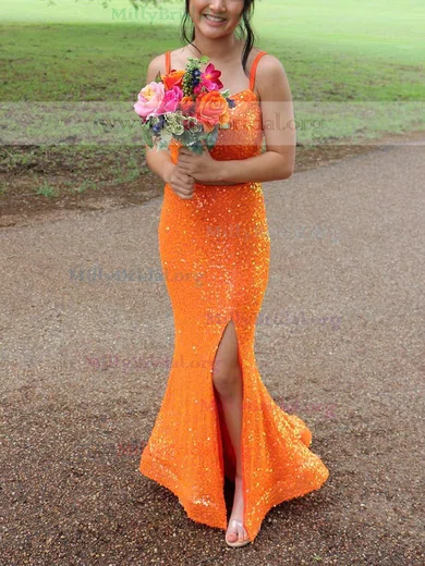 Trumpet/Mermaid V-neck Sequined Sweep Train Prom Dresses With Split Front #Milly020111974