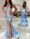 Trumpet/Mermaid V-neck Sequined Sweep Train Prom Dresses With Split Front #Milly020111978