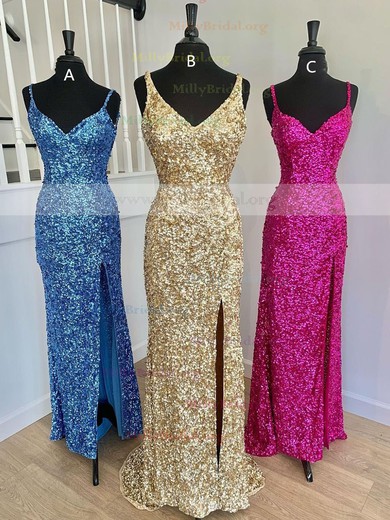 Sheath/Column V-neck Sequined Sweep Train Prom Dresses With Split Front #Milly020111985