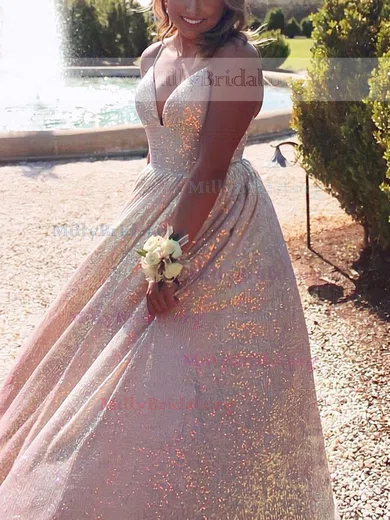 A-line V-neck Sequined Sweep Train Prom Dresses #Milly020111990