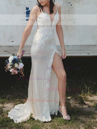Sheath/Column V-neck Sequined Sweep Train Prom Dresses With Split Front #Milly020111993