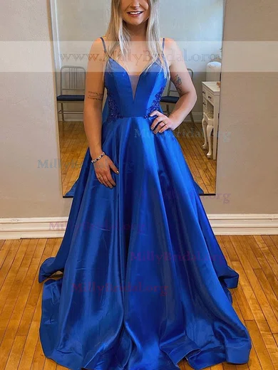 A-line V-neck Satin Sweep Train Prom Dresses With Beading #Milly020111997