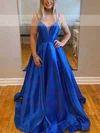 A-line V-neck Satin Sweep Train Prom Dresses With Beading #Milly020111997
