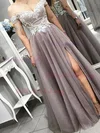 A-line Off-the-shoulder Tulle Lace Sweep Train Prom Dresses With Split Front #Milly020111999