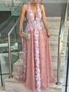 A-line Halter Tulle Floor-length Prom Dresses With Appliques Lace #Milly020112002