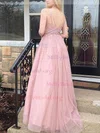 A-line V-neck Glitter Sweep Train Prom Dresses With Appliques Lace #Milly020112004