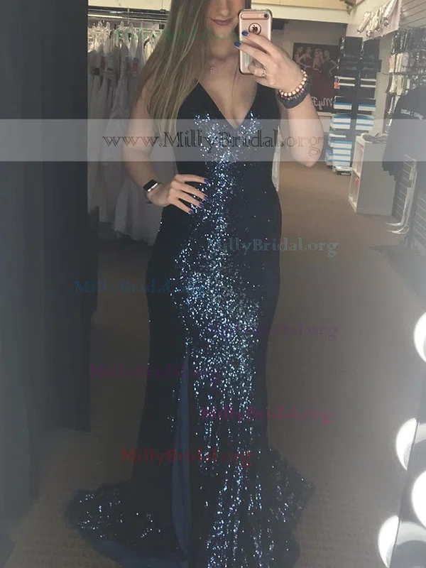 Sheath/Column V-neck Sequined Sweep Train Prom Dresses With Split Front #Milly020112013