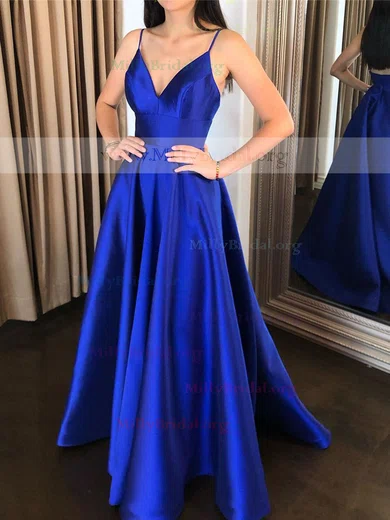 A-line V-neck Satin Sweep Train Prom Dresses #Milly020112014