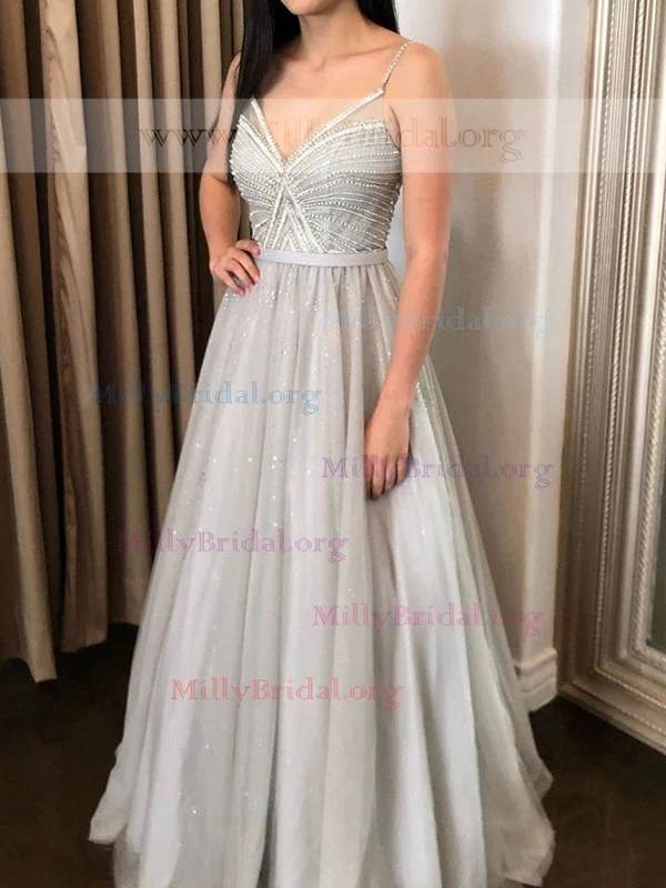 A-line V-neck Glitter Floor-length Prom Dresses With Beading #Milly020112016