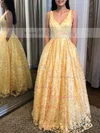 A-line V-neck Lace Floor-length Prom Dresses With Pockets #Milly020112017