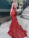 Trumpet/Mermaid V-neck Sequined Sweep Train Prom Dresses With Sashes / Ribbons #Milly020112027
