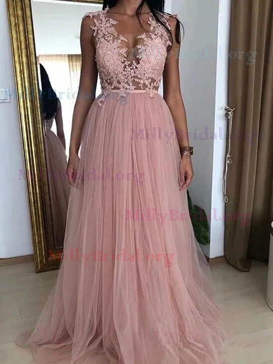 A-line V-neck Tulle Floor-length Prom Dresses With Appliques Lace #Milly020112028