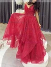 A-line V-neck Glitter Floor-length Prom Dresses With Ruffles #Milly020112030