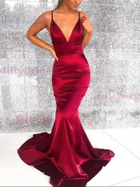 Trumpet/Mermaid V-neck Silk-like Satin Sweep Train Prom Dresses #Milly020112031