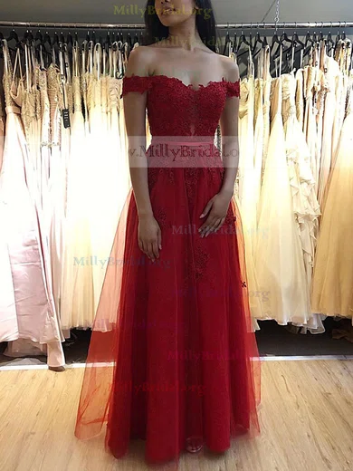 A-line Off-the-shoulder Tulle Floor-length Prom Dresses With Sashes / Ribbons #Milly020112037