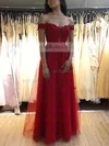 A-line Off-the-shoulder Tulle Floor-length Prom Dresses With Sashes / Ribbons #Milly020112037