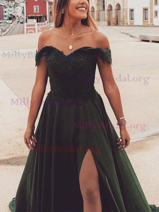 A-line Off-the-shoulder Silk-like Satin Floor-length Prom Dresses With Appliques Lace #Milly020112042